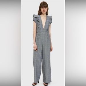 Gray plaid full-length deep V wide-leg ruffled jumpsuit size S